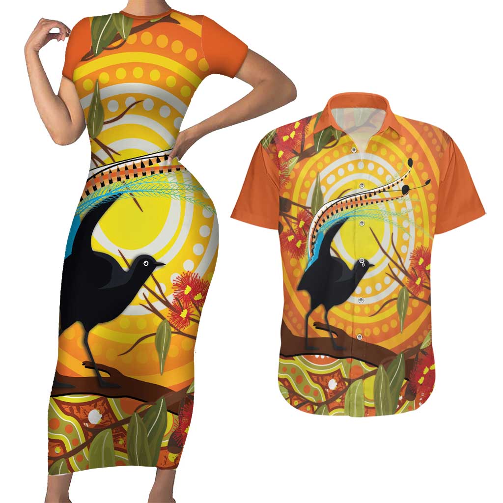 Australia Superb Lyrebird Couples Matching Short Sleeve Bodycon Dress and Hawaiian Shirt Aboriginal Art