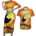 Australia Superb Lyrebird Couples Matching Short Sleeve Bodycon Dress and Hawaiian Shirt Aboriginal Art