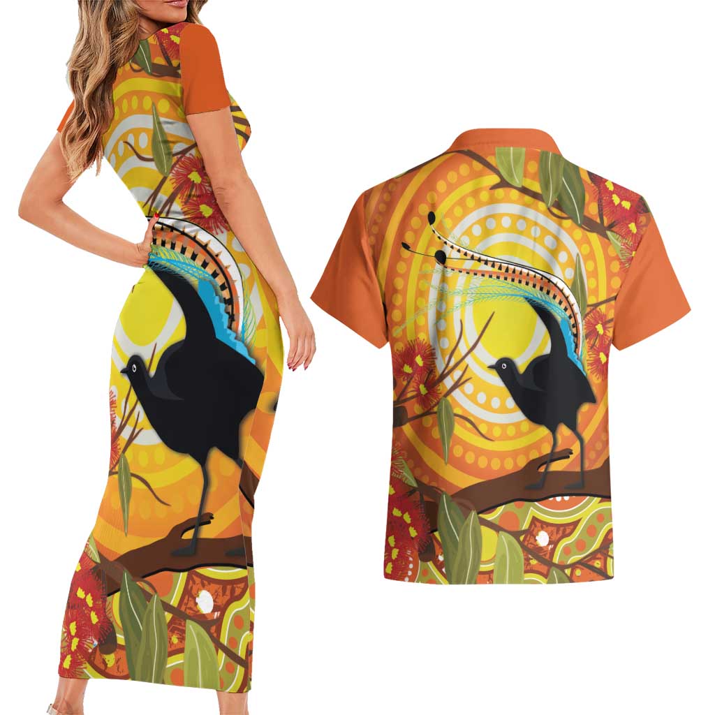 Australia Superb Lyrebird Couples Matching Short Sleeve Bodycon Dress and Hawaiian Shirt Aboriginal Art