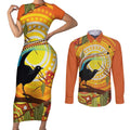 Australia Superb Lyrebird Couples Matching Short Sleeve Bodycon Dress and Long Sleeve Button Shirt Aboriginal Art