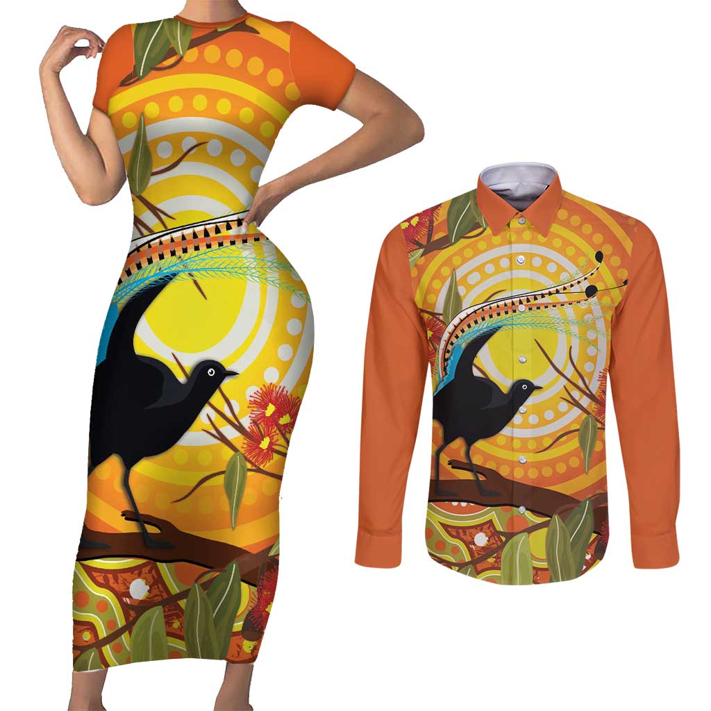 Australia Superb Lyrebird Couples Matching Short Sleeve Bodycon Dress and Long Sleeve Button Shirt Aboriginal Art