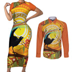 Australia Superb Lyrebird Couples Matching Short Sleeve Bodycon Dress and Long Sleeve Button Shirt Aboriginal Art