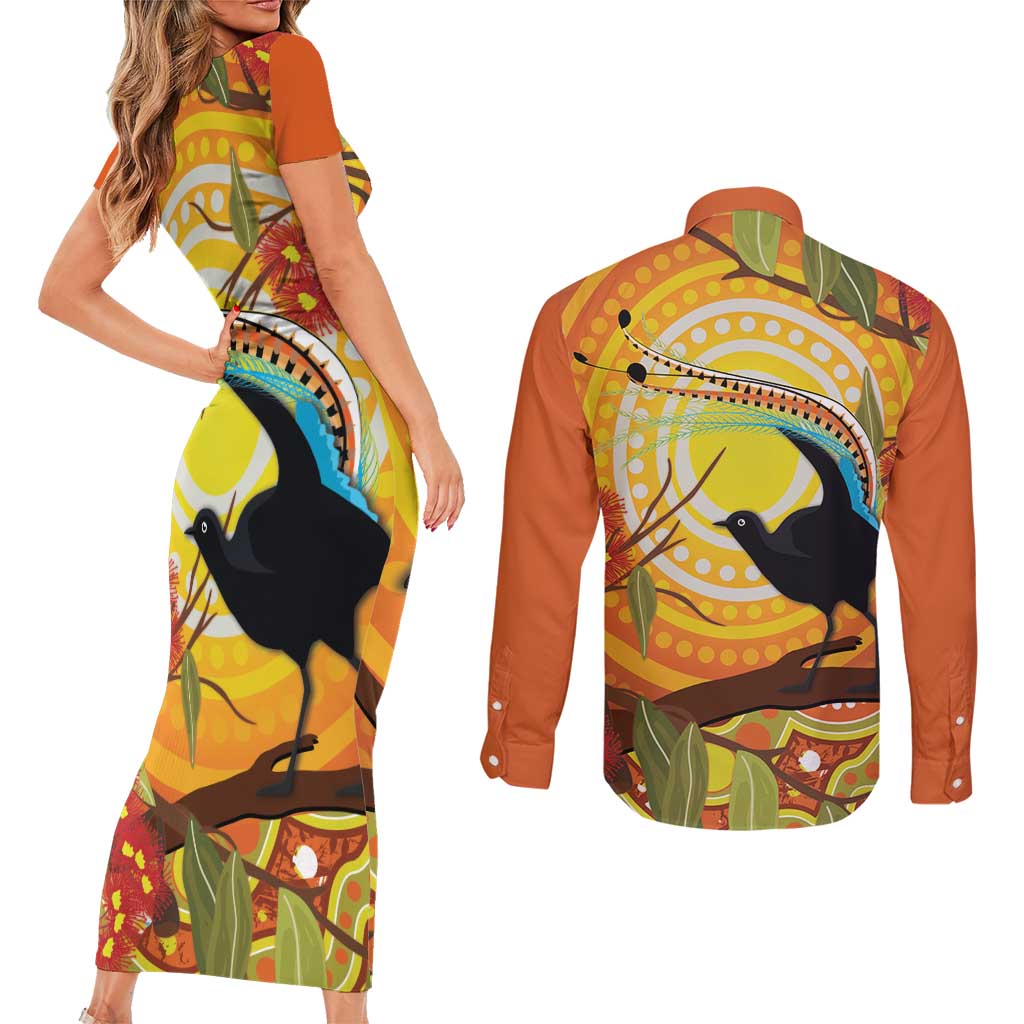 Australia Superb Lyrebird Couples Matching Short Sleeve Bodycon Dress and Long Sleeve Button Shirt Aboriginal Art