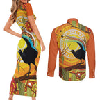 Australia Superb Lyrebird Couples Matching Short Sleeve Bodycon Dress and Long Sleeve Button Shirt Aboriginal Art