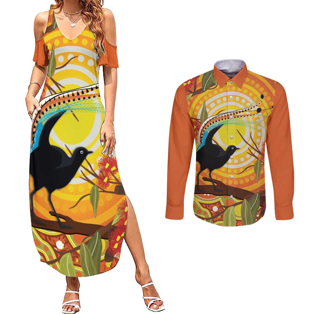 Australia Superb Lyrebird Couples Matching Summer Maxi Dress and Long Sleeve Button Shirt Aboriginal Art