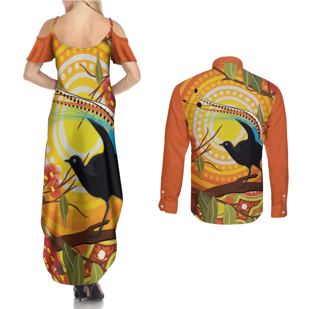 Australia Superb Lyrebird Couples Matching Summer Maxi Dress and Long Sleeve Button Shirt Aboriginal Art