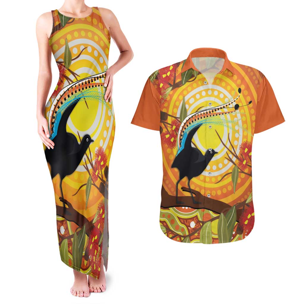 Australia Superb Lyrebird Couples Matching Tank Maxi Dress and Hawaiian Shirt Aboriginal Art