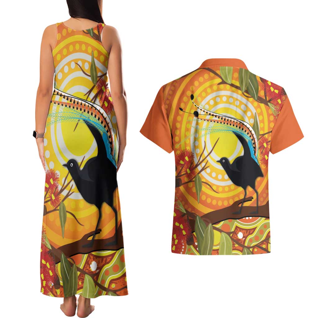 Australia Superb Lyrebird Couples Matching Tank Maxi Dress and Hawaiian Shirt Aboriginal Art