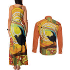 Australia Superb Lyrebird Couples Matching Tank Maxi Dress and Long Sleeve Button Shirt Aboriginal Art