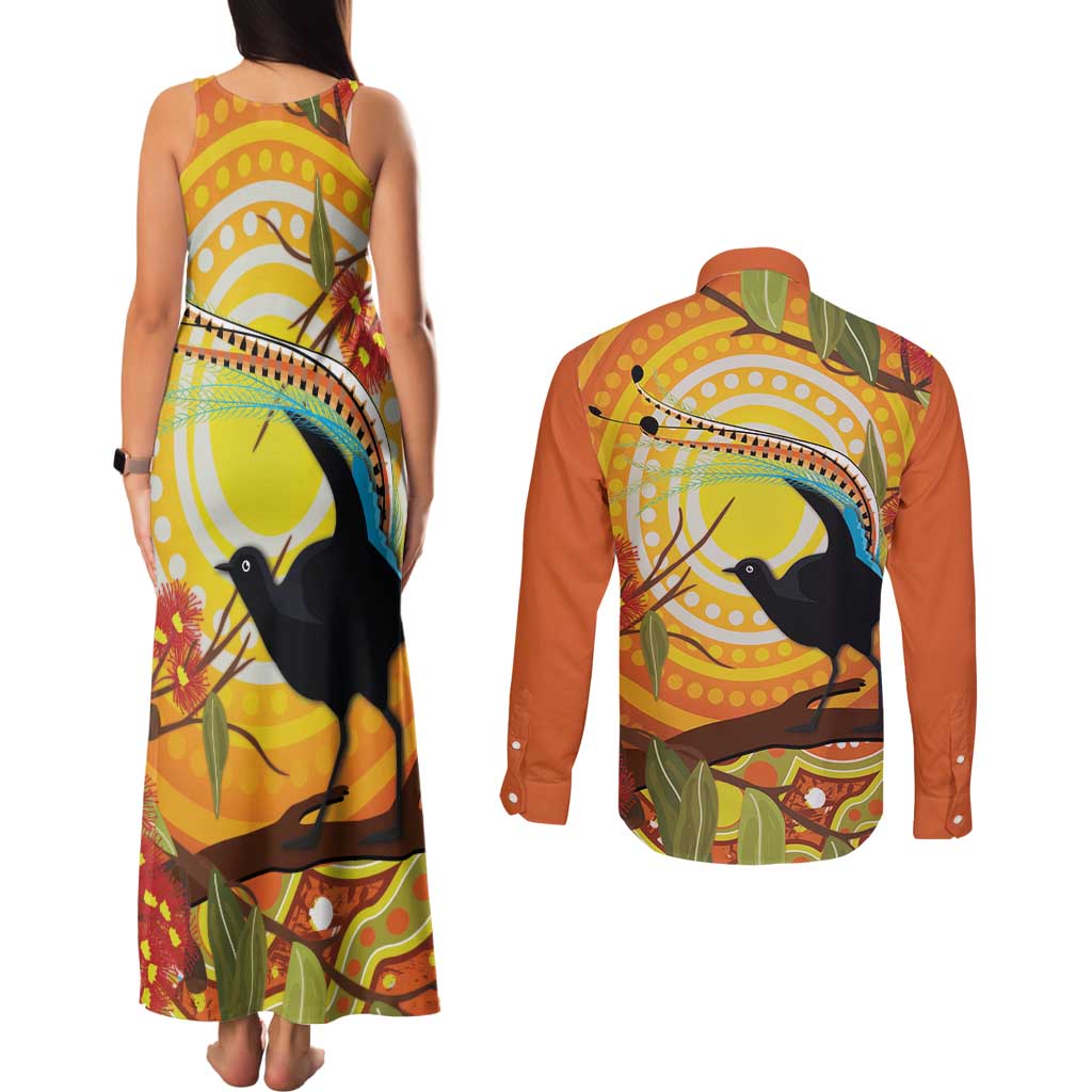 Australia Superb Lyrebird Couples Matching Tank Maxi Dress and Long Sleeve Button Shirt Aboriginal Art