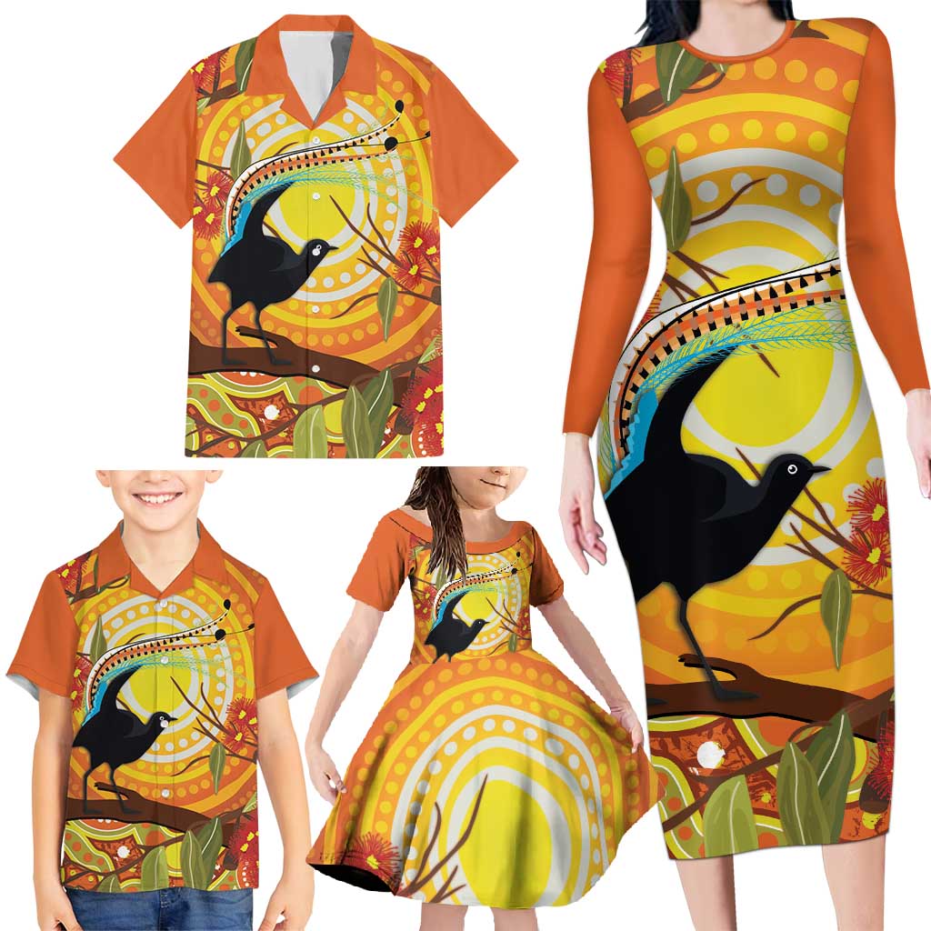 Australia Superb Lyrebird Family Matching Long Sleeve Bodycon Dress and Hawaiian Shirt Aboriginal Art
