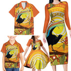 Australia Superb Lyrebird Family Matching Long Sleeve Bodycon Dress and Hawaiian Shirt Aboriginal Art
