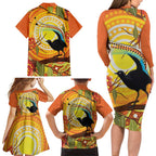 Australia Superb Lyrebird Family Matching Long Sleeve Bodycon Dress and Hawaiian Shirt Aboriginal Art
