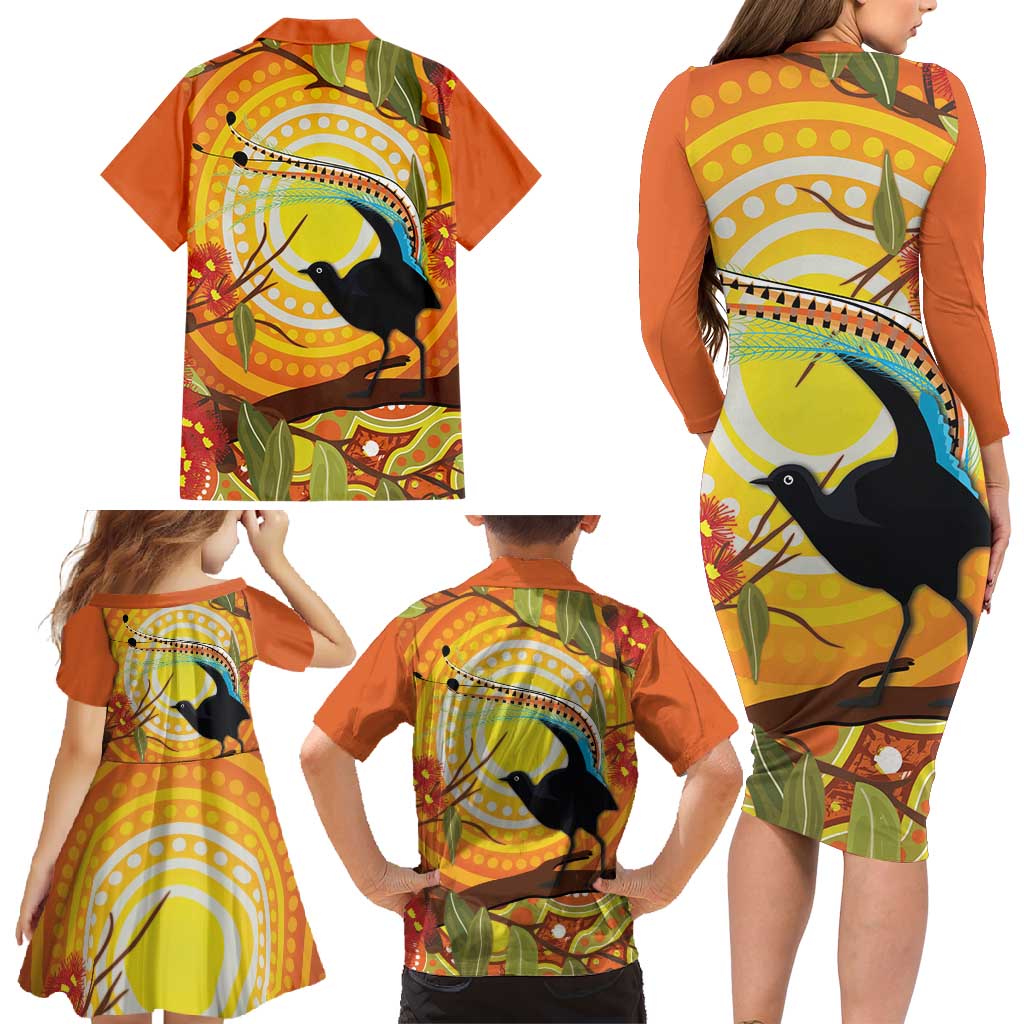 Australia Superb Lyrebird Family Matching Long Sleeve Bodycon Dress and Hawaiian Shirt Aboriginal Art