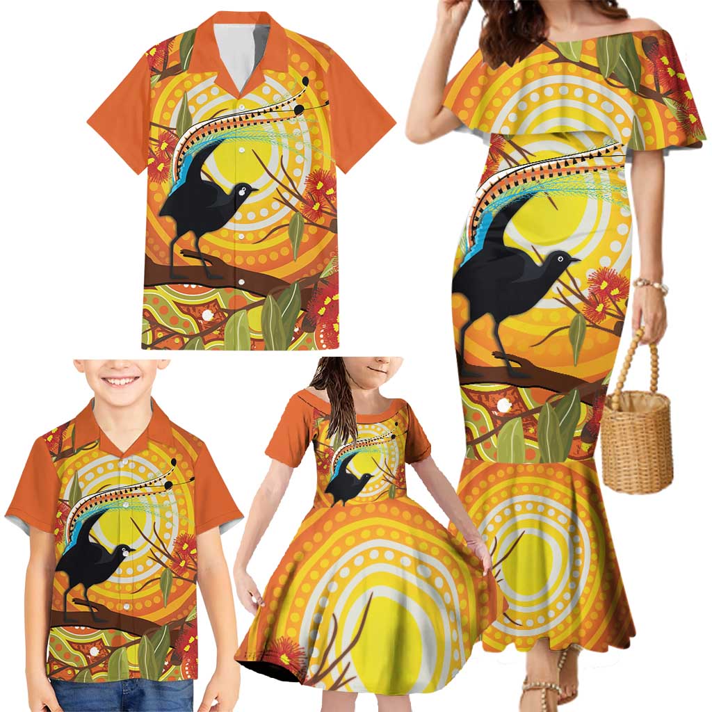 Australia Superb Lyrebird Family Matching Mermaid Dress and Hawaiian Shirt Aboriginal Art
