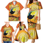 Australia Superb Lyrebird Family Matching Mermaid Dress and Hawaiian Shirt Aboriginal Art