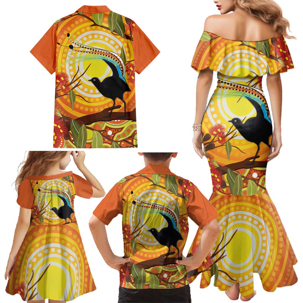 Australia Superb Lyrebird Family Matching Mermaid Dress and Hawaiian Shirt Aboriginal Art