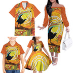 Australia Superb Lyrebird Family Matching Off The Shoulder Long Sleeve Dress and Hawaiian Shirt Aboriginal Art