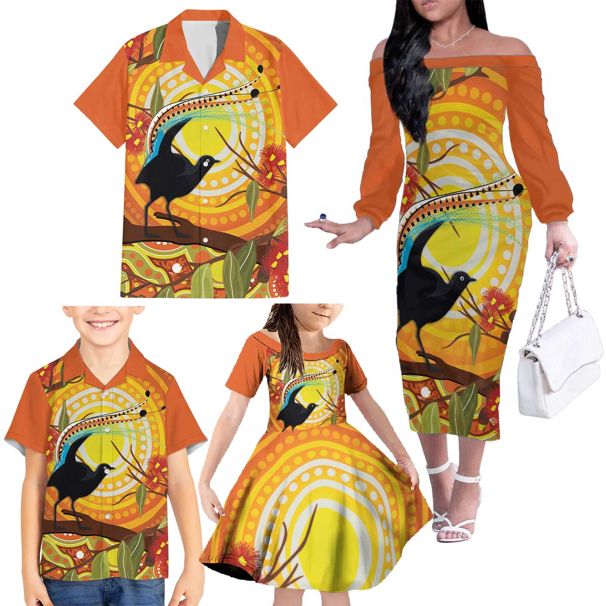 Australia Superb Lyrebird Family Matching Off The Shoulder Long Sleeve Dress and Hawaiian Shirt Aboriginal Art