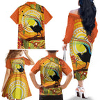Australia Superb Lyrebird Family Matching Off The Shoulder Long Sleeve Dress and Hawaiian Shirt Aboriginal Art