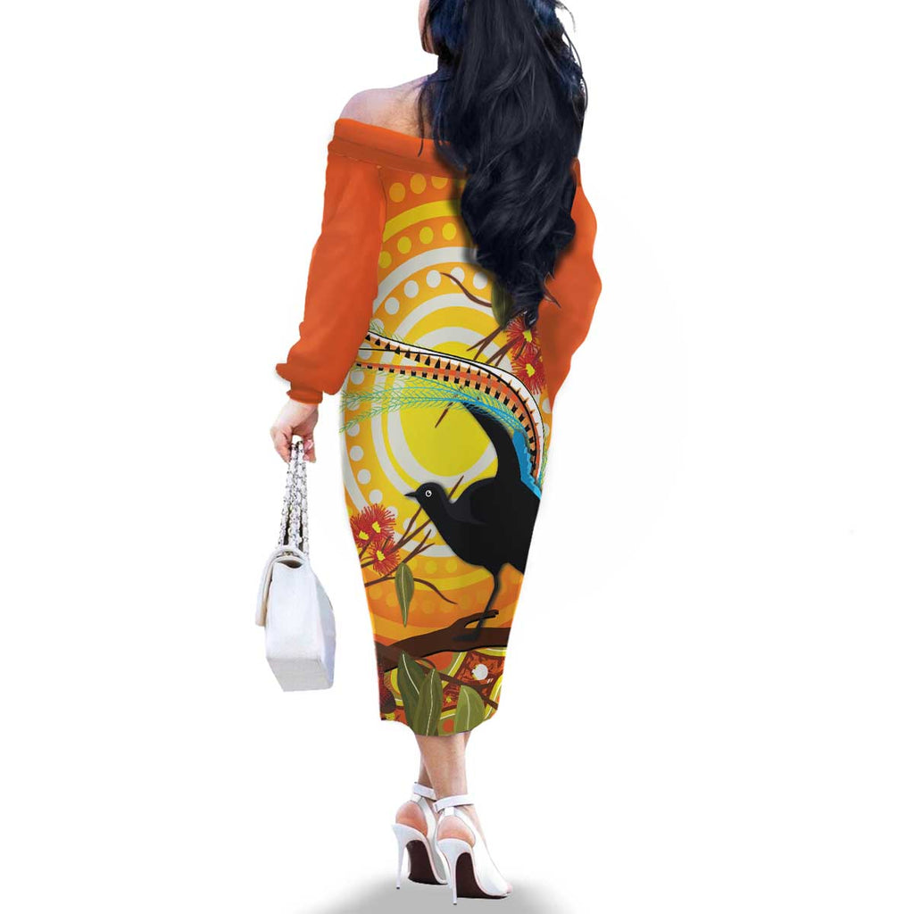 Australia Superb Lyrebird Family Matching Off The Shoulder Long Sleeve Dress and Hawaiian Shirt Aboriginal Art