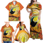 Australia Superb Lyrebird Family Matching Off Shoulder Maxi Dress and Hawaiian Shirt Aboriginal Art
