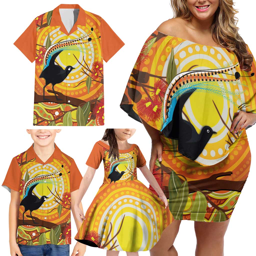Australia Superb Lyrebird Family Matching Off Shoulder Short Dress and Hawaiian Shirt Aboriginal Art