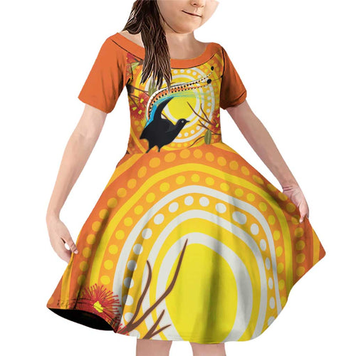 Australia Superb Lyrebird Family Matching Off Shoulder Short Dress and Hawaiian Shirt Aboriginal Art