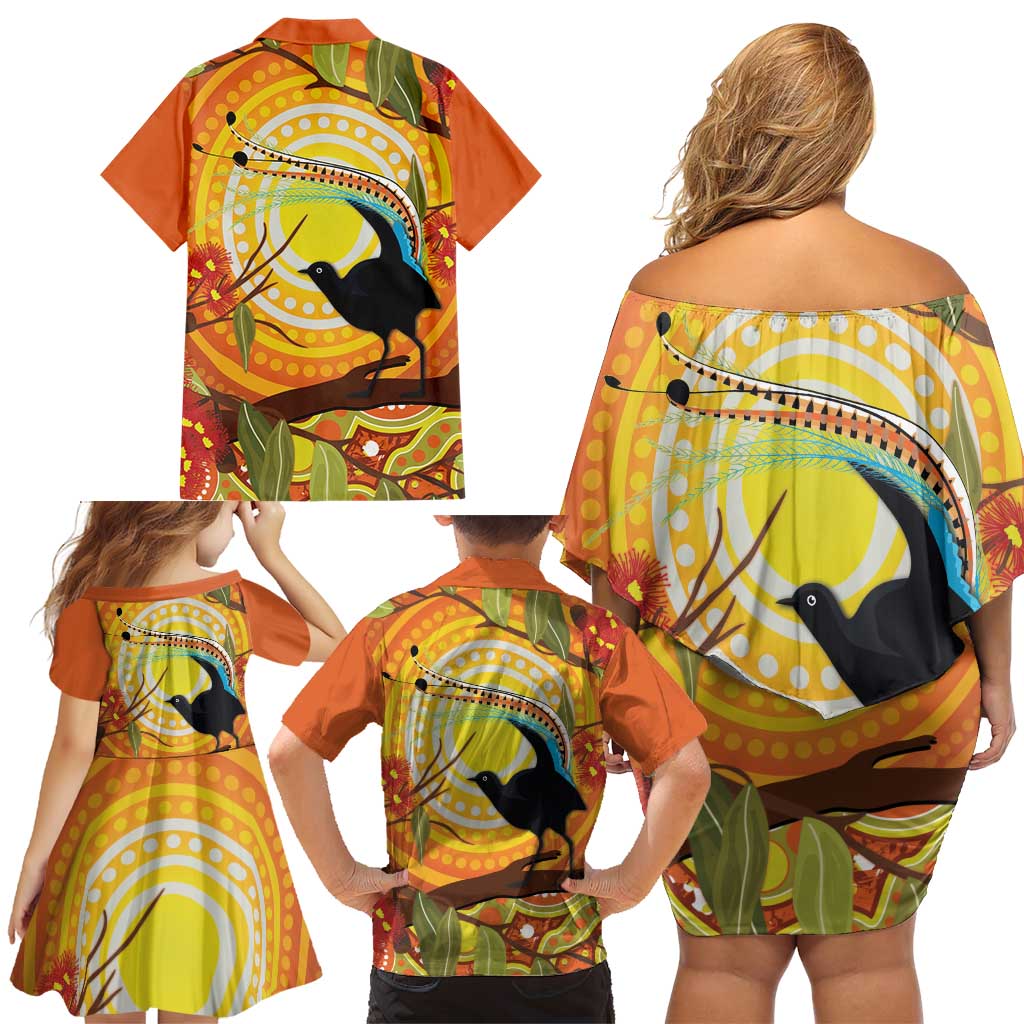 Australia Superb Lyrebird Family Matching Off Shoulder Short Dress and Hawaiian Shirt Aboriginal Art