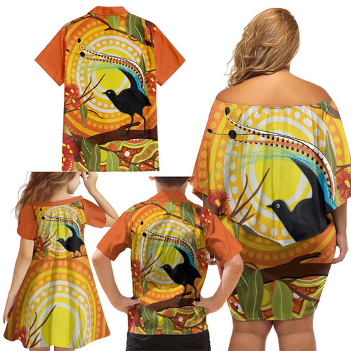 Australia Superb Lyrebird Family Matching Off Shoulder Short Dress and Hawaiian Shirt Aboriginal Art