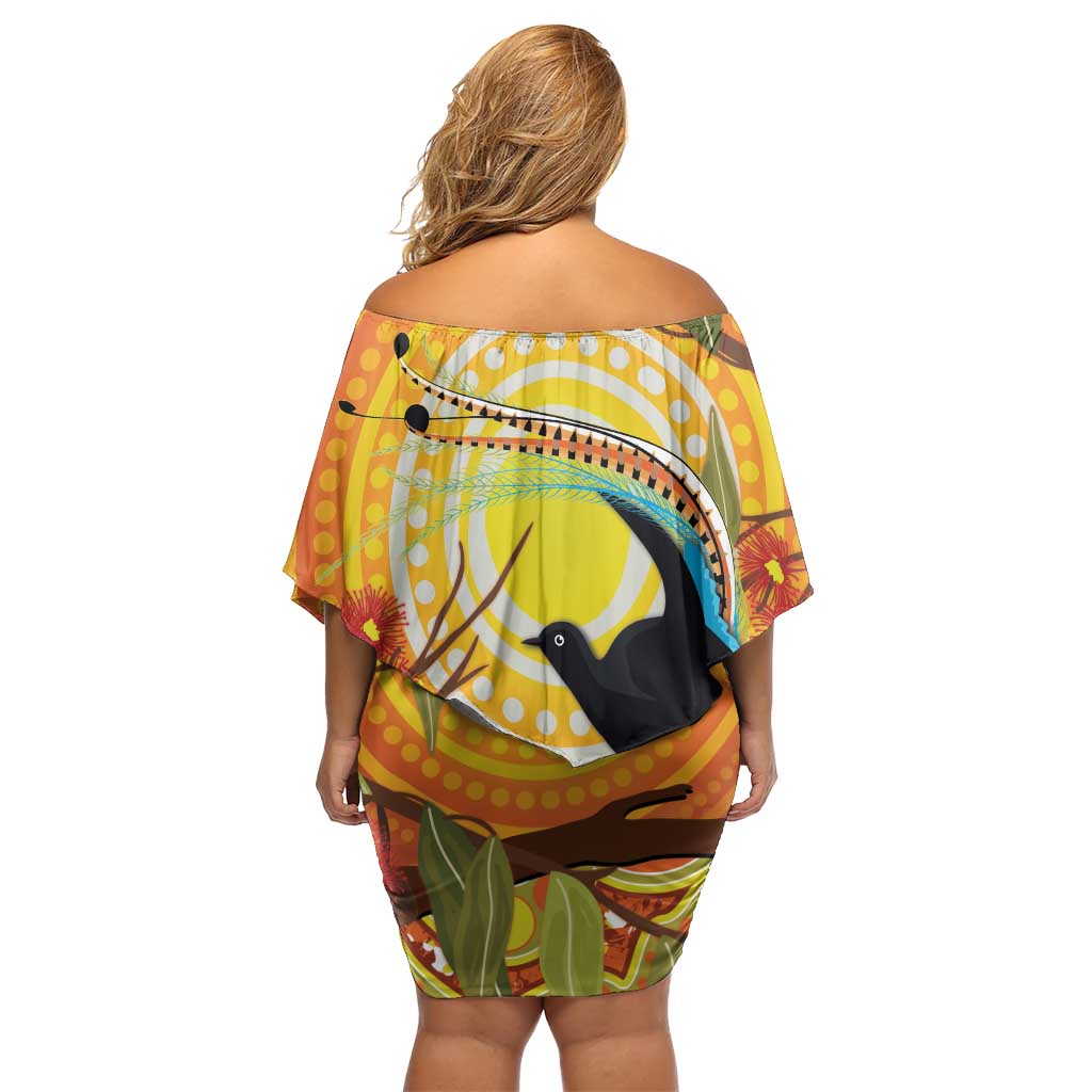 Australia Superb Lyrebird Family Matching Off Shoulder Short Dress and Hawaiian Shirt Aboriginal Art