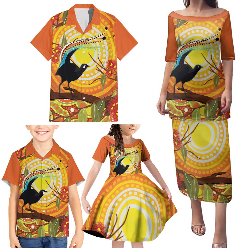 Australia Superb Lyrebird Family Matching Puletasi and Hawaiian Shirt Aboriginal Art