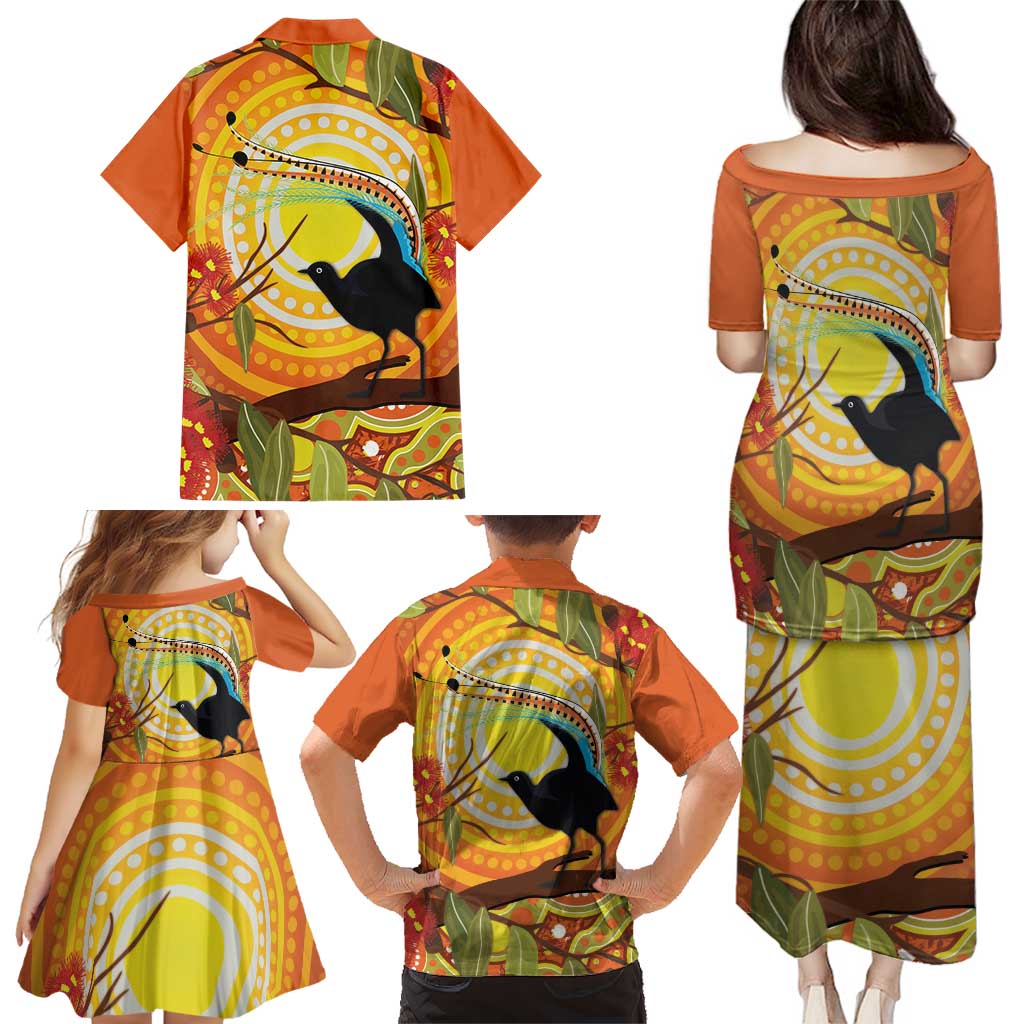 Australia Superb Lyrebird Family Matching Puletasi and Hawaiian Shirt Aboriginal Art