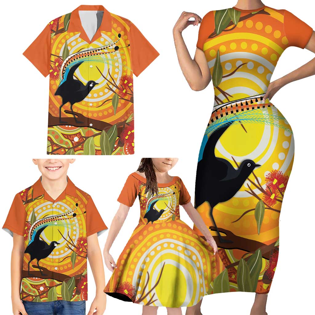 Australia Superb Lyrebird Family Matching Short Sleeve Bodycon Dress and Hawaiian Shirt Aboriginal Art