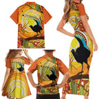 Australia Superb Lyrebird Family Matching Short Sleeve Bodycon Dress and Hawaiian Shirt Aboriginal Art