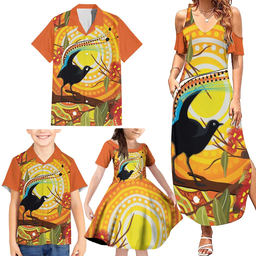 Australia Superb Lyrebird Family Matching Summer Maxi Dress and Hawaiian Shirt Aboriginal Art