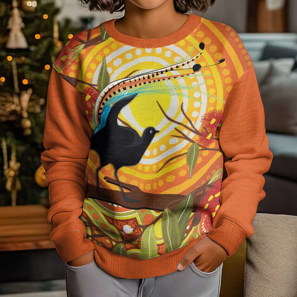 Australia Superb Lyrebird Kid Ugly Christmas Sweater Aboriginal Art