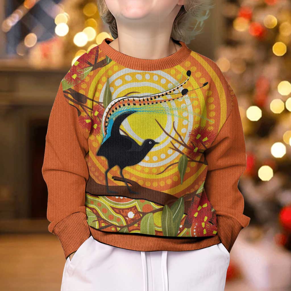 Australia Superb Lyrebird Kid Ugly Christmas Sweater Aboriginal Art