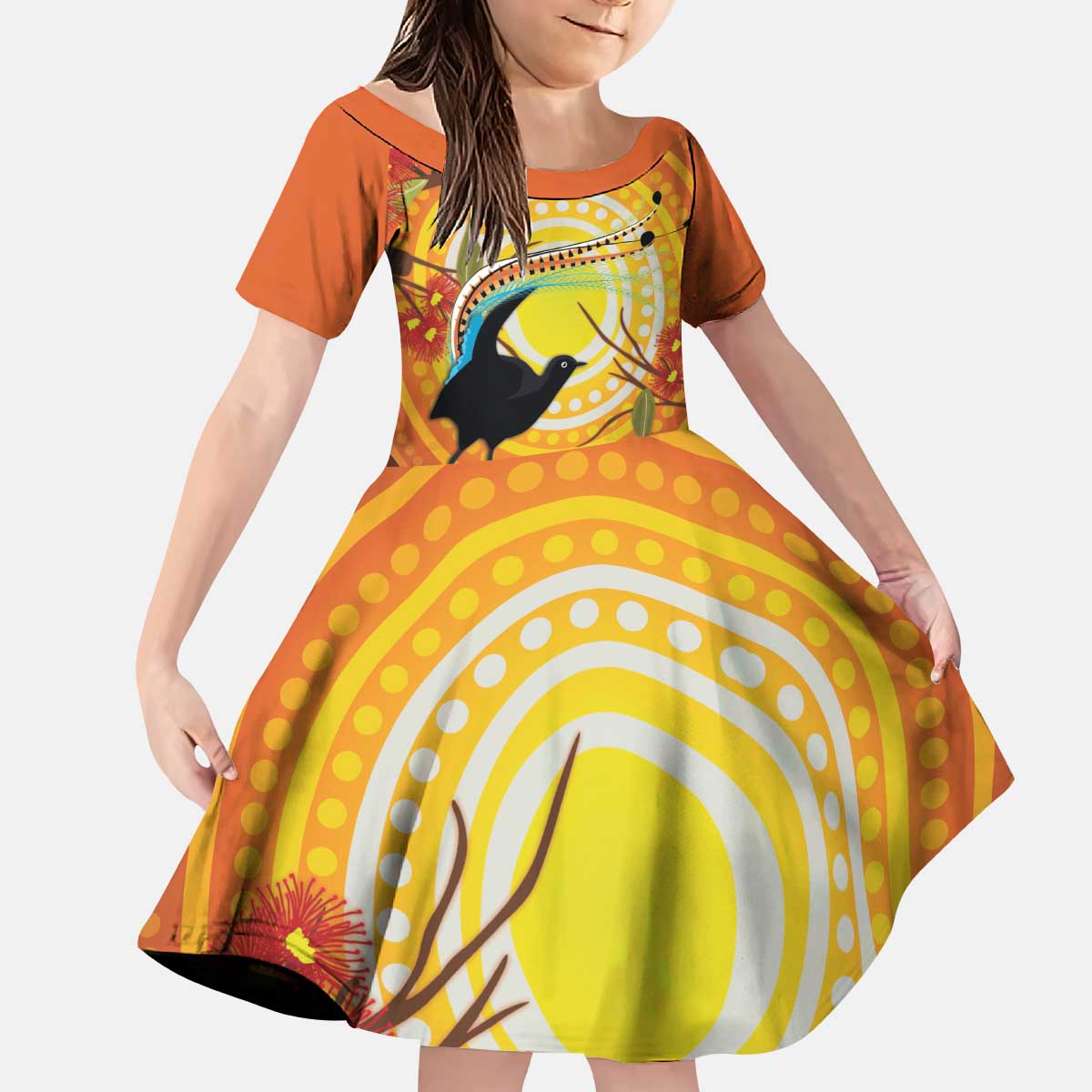Australia Superb Lyrebird Kid Short Sleeve Dress Aboriginal Art