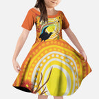 Australia Superb Lyrebird Kid Short Sleeve Dress Aboriginal Art