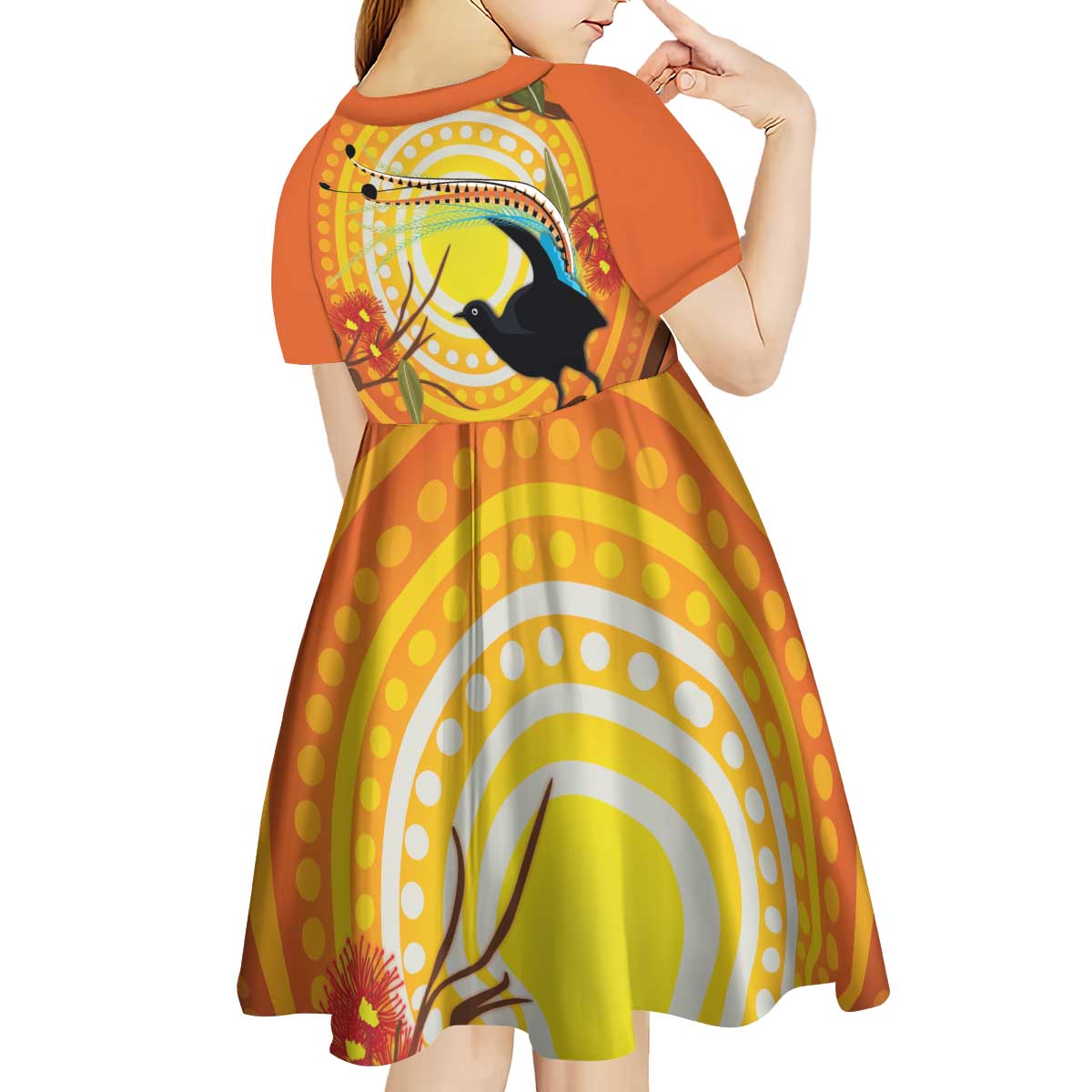 Australia Superb Lyrebird Kid Short Sleeve Dress Aboriginal Art
