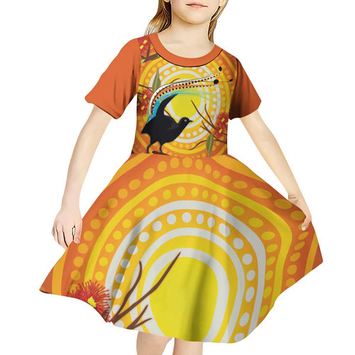 Australia Superb Lyrebird Kid Short Sleeve Dress Aboriginal Art
