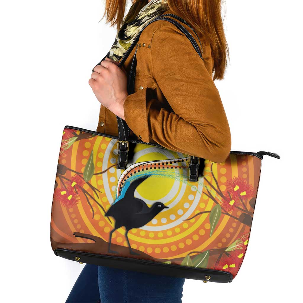 Australia Superb Lyrebird Leather Tote Bag Aboriginal Art