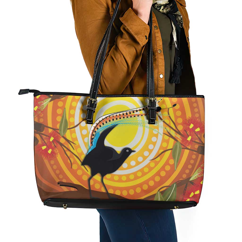 Australia Superb Lyrebird Leather Tote Bag Aboriginal Art