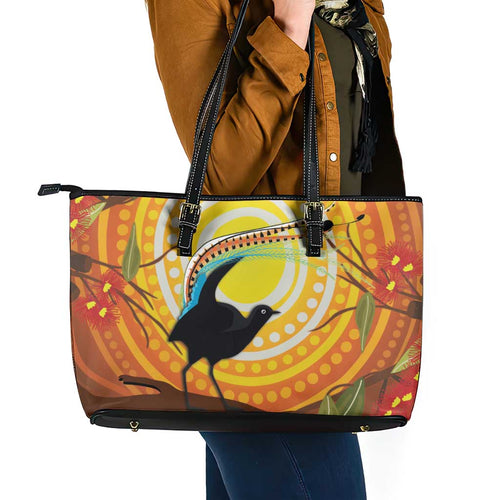 Australia Superb Lyrebird Leather Tote Bag Aboriginal Art