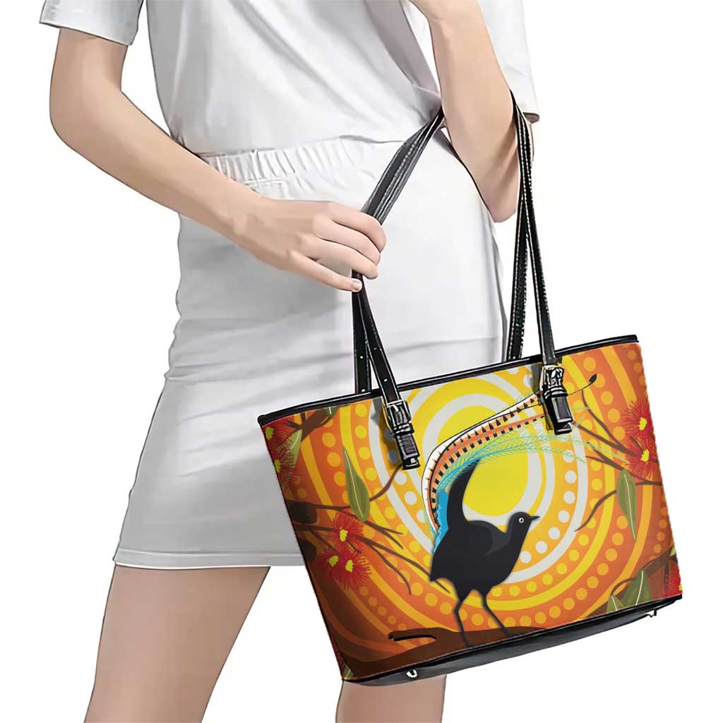 Australia Superb Lyrebird Leather Tote Bag Aboriginal Art
