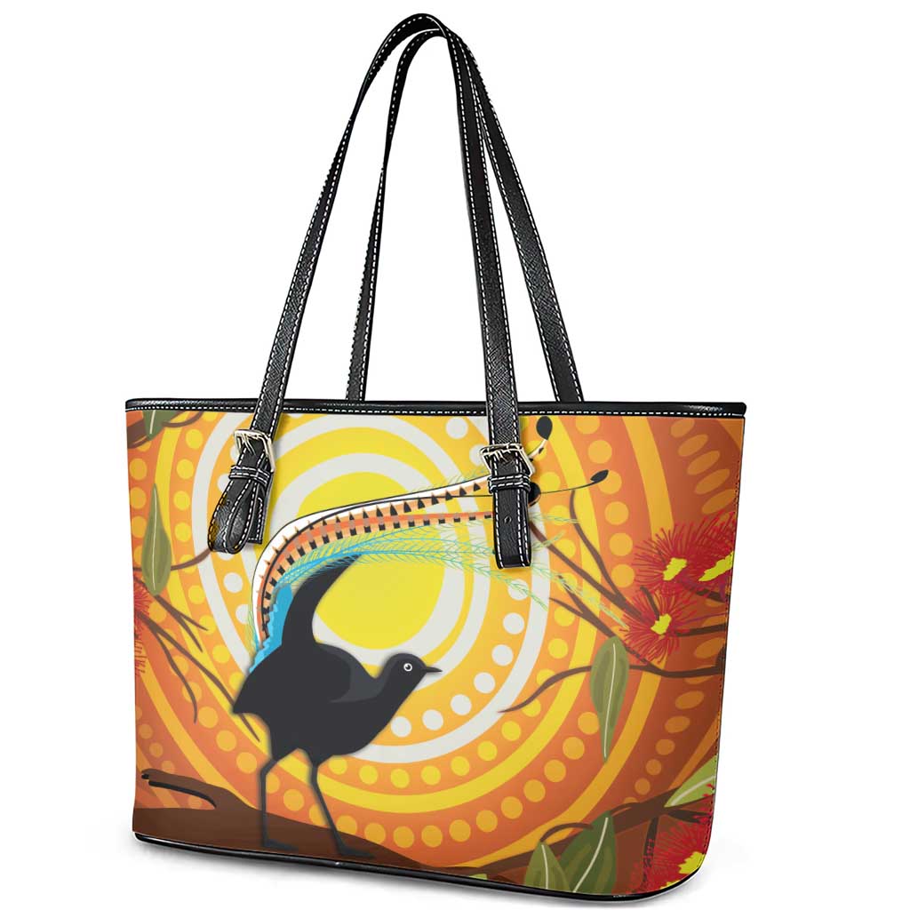 Australia Superb Lyrebird Leather Tote Bag Aboriginal Art