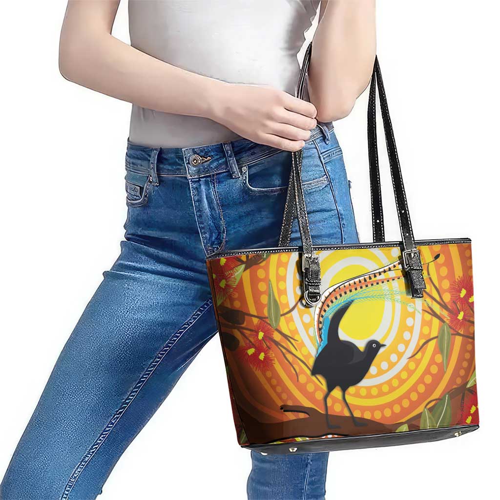 Australia Superb Lyrebird Leather Tote Bag Aboriginal Art