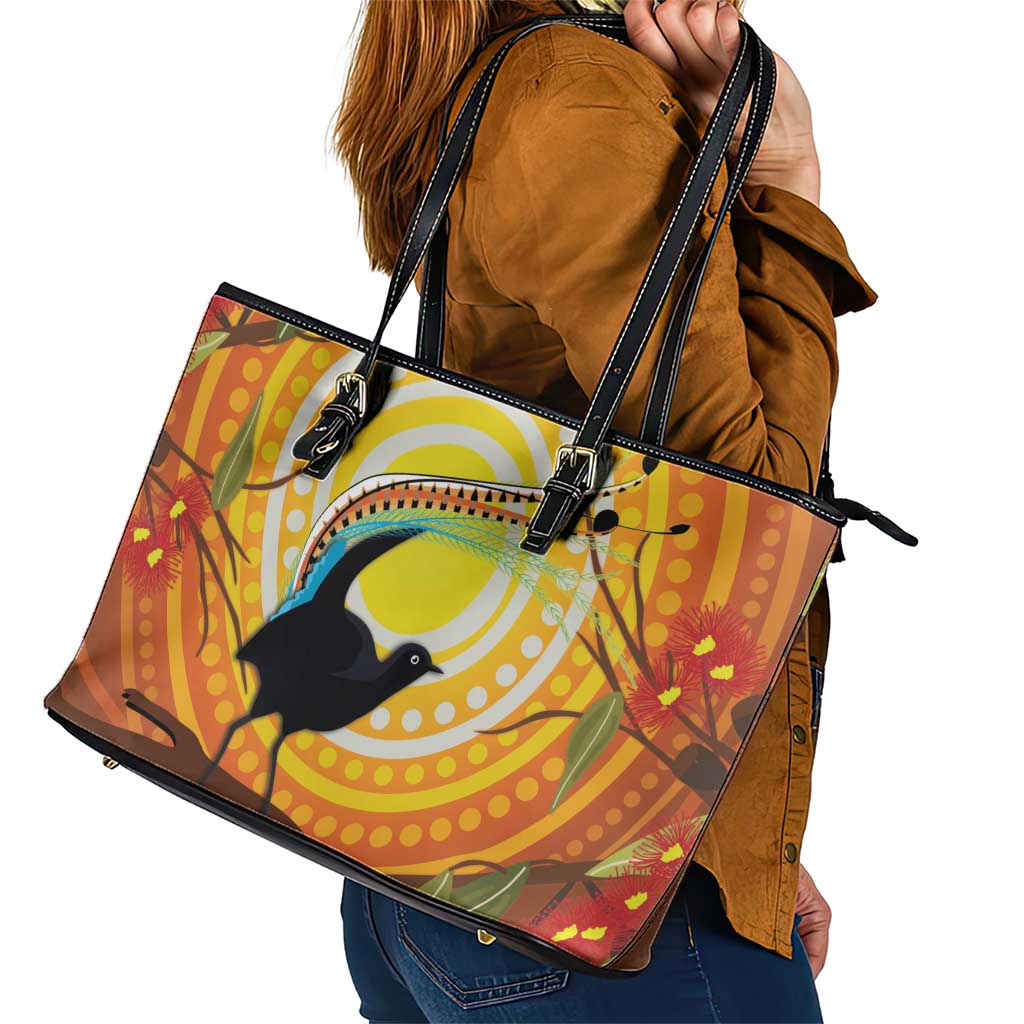 Australia Superb Lyrebird Leather Tote Bag Aboriginal Art