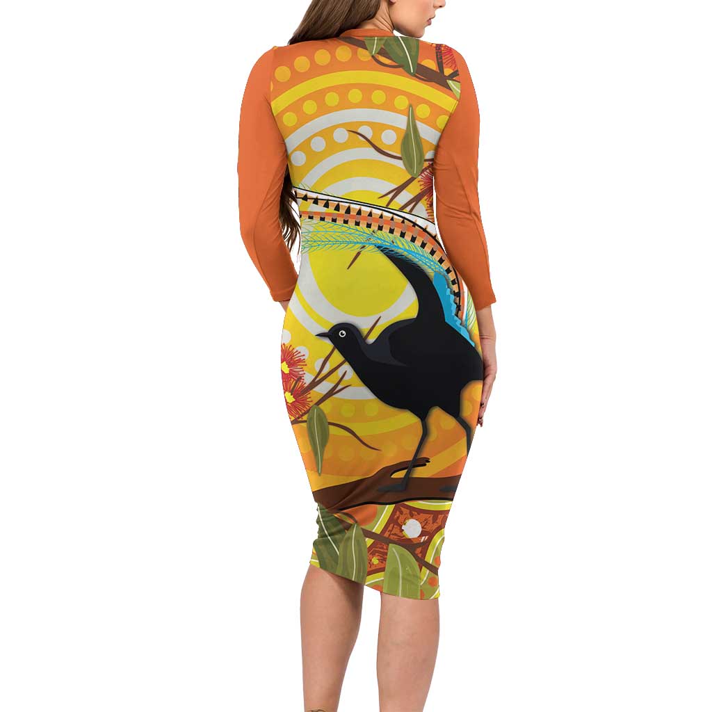 Australia Superb Lyrebird Long Sleeve Bodycon Dress Aboriginal Art